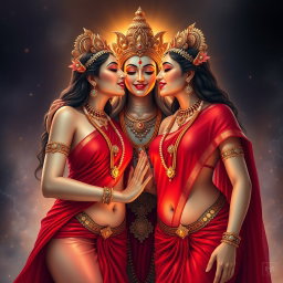 Two beautiful Hindu goddesses with radiant, glowing skin, elegantly draped in red sarees that reveal their charming navels