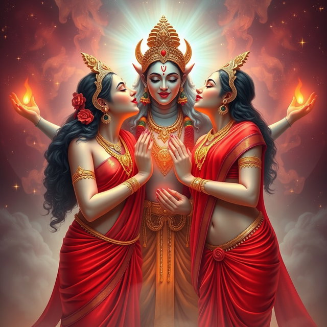 Two beautiful Hindu goddesses with radiant, glowing skin, elegantly draped in red sarees that reveal their charming navels