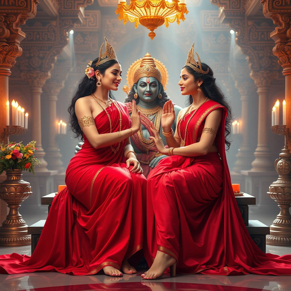 Two beautiful Hindu goddesses, adorned in flowing red sarees that elegantly drape around their bodies, showcasing their divine figures