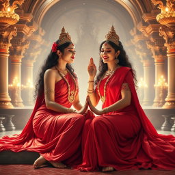 Two beautiful Hindu goddesses, adorned in flowing red sarees that elegantly drape around their bodies, showcasing their divine figures