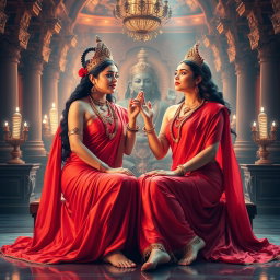 Two beautiful Hindu goddesses, adorned in flowing red sarees that elegantly drape around their bodies, showcasing their divine figures