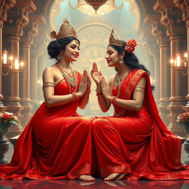 Two beautiful Hindu goddesses, adorned in flowing red sarees that elegantly drape around their bodies, showcasing their divine figures