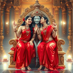 Two beautiful Hindu goddesses, radiating a divine glow with shining skin, gracefully draped in elegant red sarees that reveal their navels