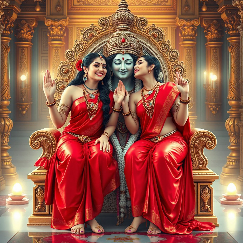 Two beautiful Hindu goddesses, radiating a divine glow with shining skin, gracefully draped in elegant red sarees that reveal their navels