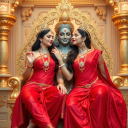Two beautiful Hindu goddesses, radiating a divine glow with shining skin, gracefully draped in elegant red sarees that reveal their navels