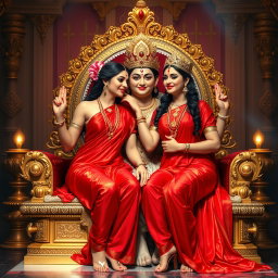 Two beautiful Hindu goddesses, radiating a divine glow with shining skin, gracefully draped in elegant red sarees that reveal their navels