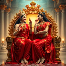 Two beautiful Hindu goddesses, radiating a divine glow with shining skin, gracefully draped in elegant red sarees that reveal their navels
