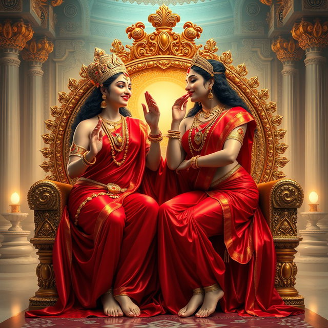 Two beautiful Hindu goddesses, radiating a divine glow with shining skin, gracefully draped in elegant red sarees that reveal their navels