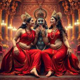 Two stunning Hindu goddesses, with a beautiful divine glow and shining skin, depicted in elegant red sarees that reveal their navels and enhance their exquisite forms