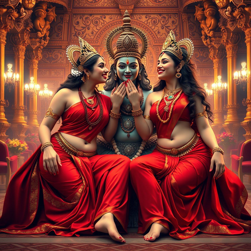 Two stunning Hindu goddesses, with a beautiful divine glow and shining skin, depicted in elegant red sarees that reveal their navels and enhance their exquisite forms