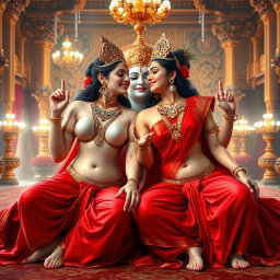 Two stunning Hindu goddesses, with a beautiful divine glow and shining skin, depicted in elegant red sarees that reveal their navels and enhance their exquisite forms