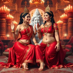 Two stunning Hindu goddesses, with a beautiful divine glow and shining skin, depicted in elegant red sarees that reveal their navels and enhance their exquisite forms