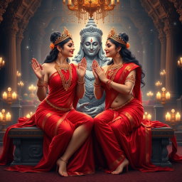 Two stunning Hindu goddesses, with a beautiful divine glow and shining skin, depicted in elegant red sarees that reveal their navels and enhance their exquisite forms