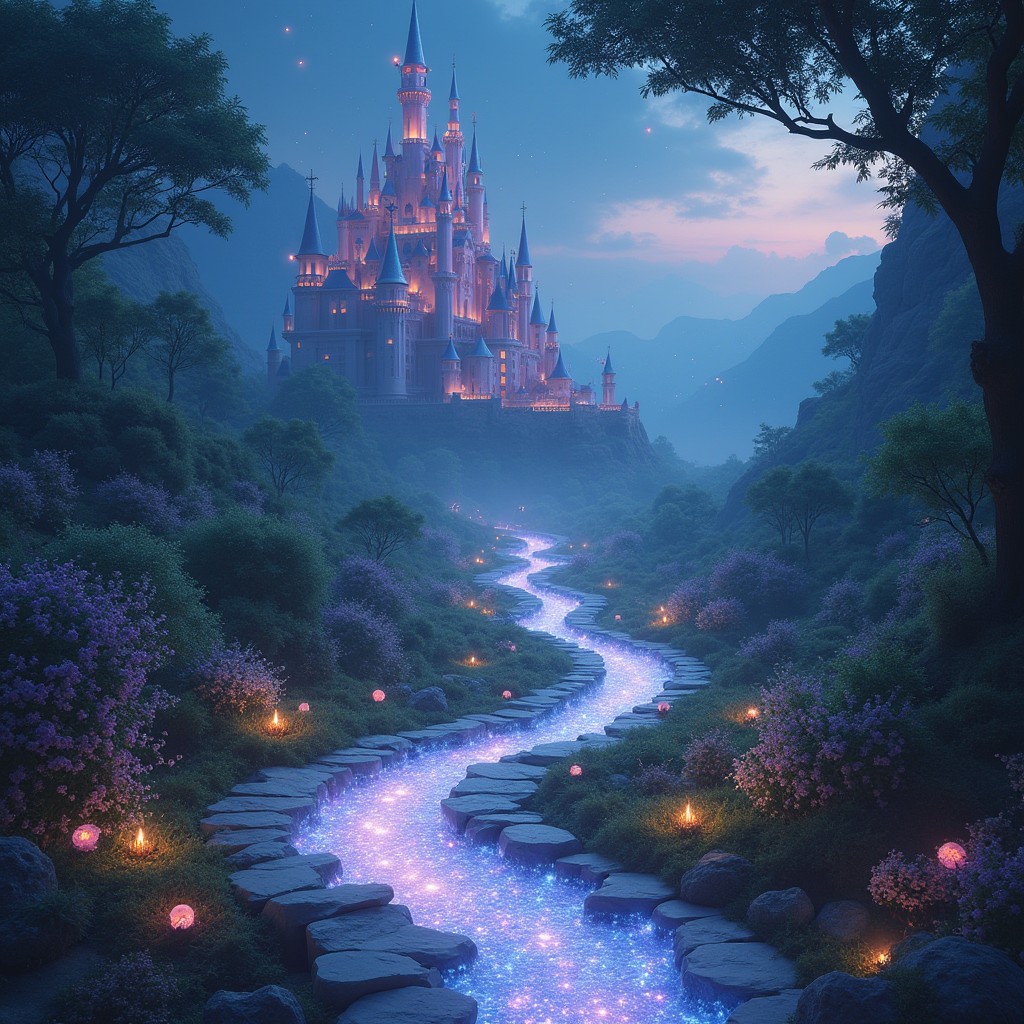 A mystical landscape featuring magical pathways illuminated with enchanting lights, surrounded by lush greenery and vibrant flowers