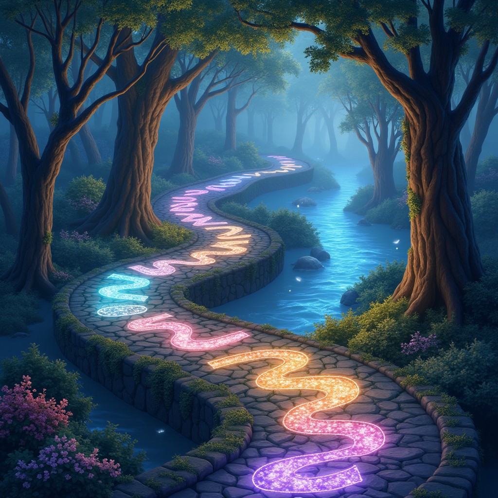 A whimsical depiction of magical number pathways that twist and turn through a vibrant enchanted forest