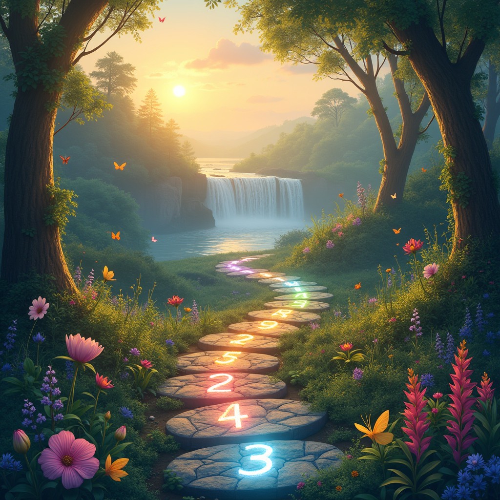 A beautifully illustrated scene showcasing magical number pathways weaving through an enchanting forest