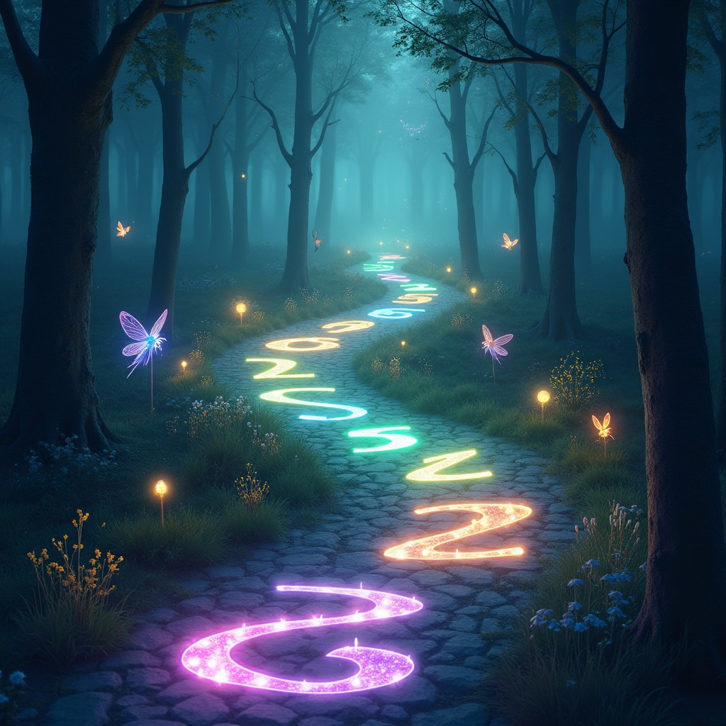 A whimsical and enchanting scene depicting magical number pathways, where colorful ethereal pathways made up of glowing numbers weave through a mystical forest