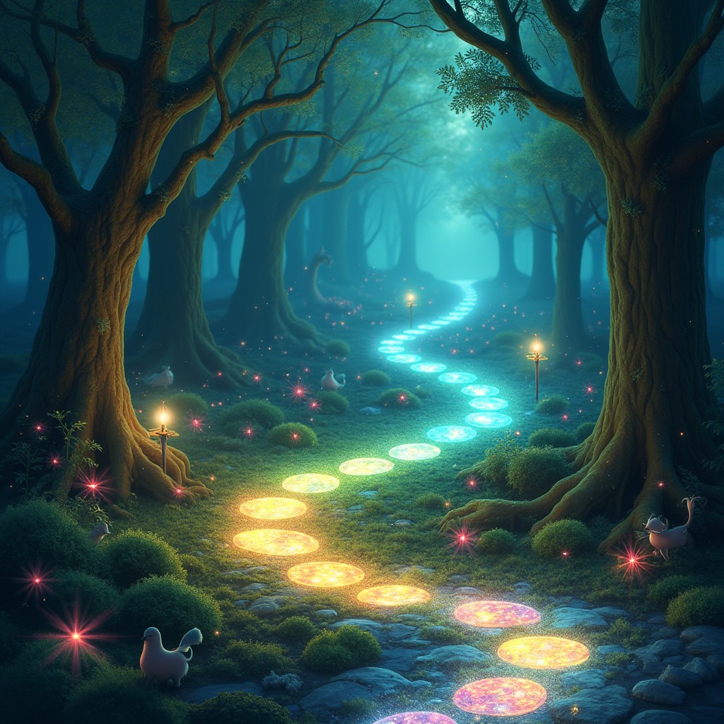 A whimsical and enchanting scene depicting magical number pathways, where colorful ethereal pathways made up of glowing numbers weave through a mystical forest