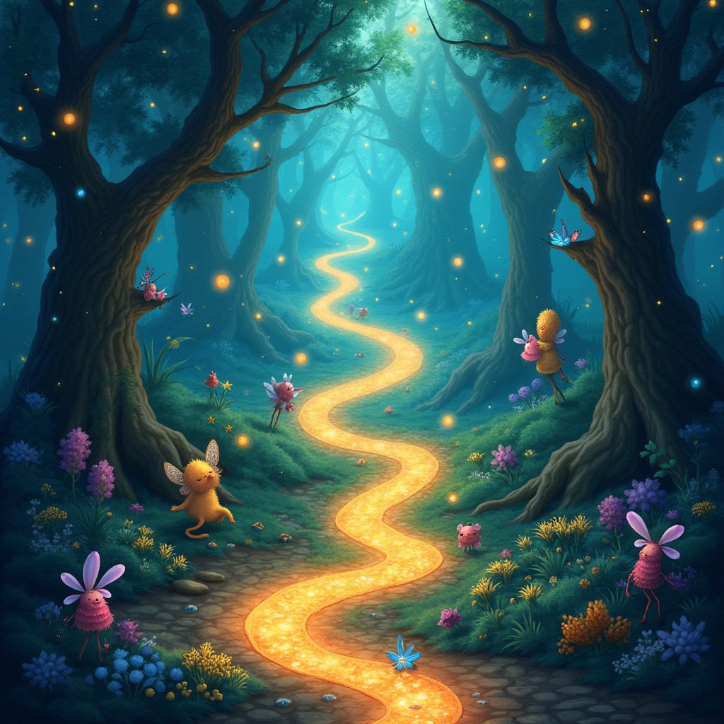 A whimsical and enchanting depiction of magical number pathways, featuring intricate trails composed of softly glowing, luminescent numbers that twist and turn through a vibrant, mystical forest