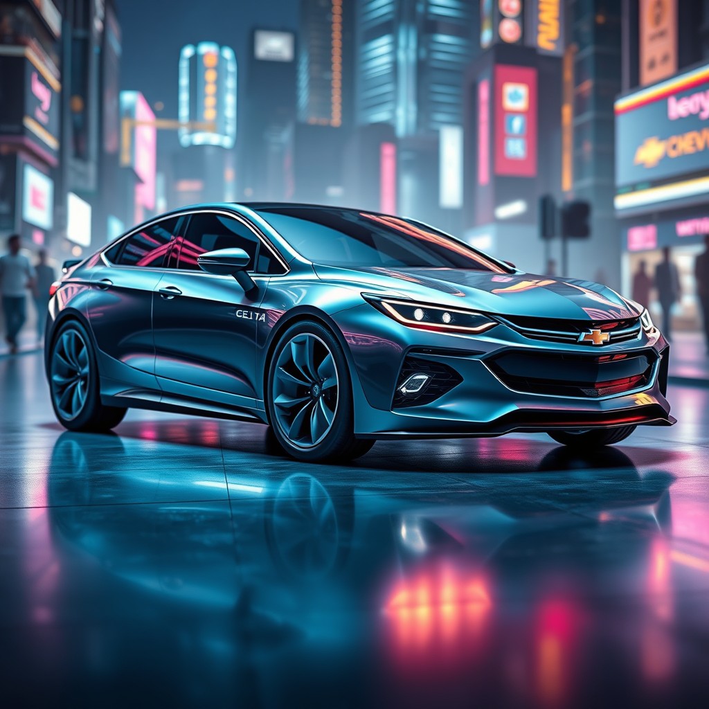 An elegant, modern, and futuristic representation of a Chevrolet Celta, showcasing sleek lines and a streamlined body with innovative design elements