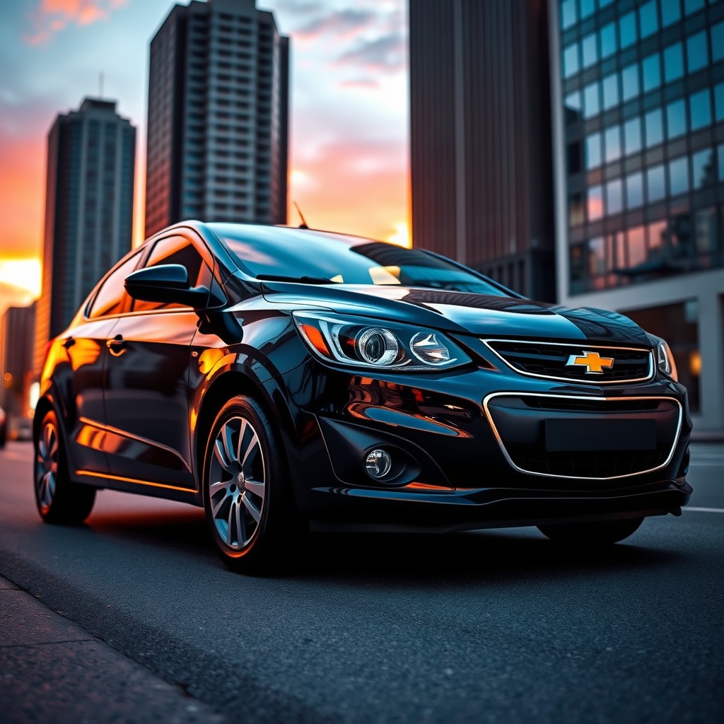 An elegant and modern representation of a Chevrolet Corsa, featuring a sleek design and glossy finish, showcased on an urban street at sunset