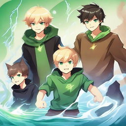 This digital art captures four distinct elemental boys