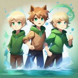 This digital art captures four distinct elemental boys