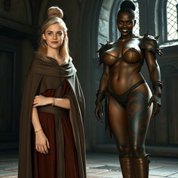 In a medieval room, a very happy, skinny 19-year-old blonde girl with medium-length hair is dressed in a noble mantle with a high collar that closes at the neck