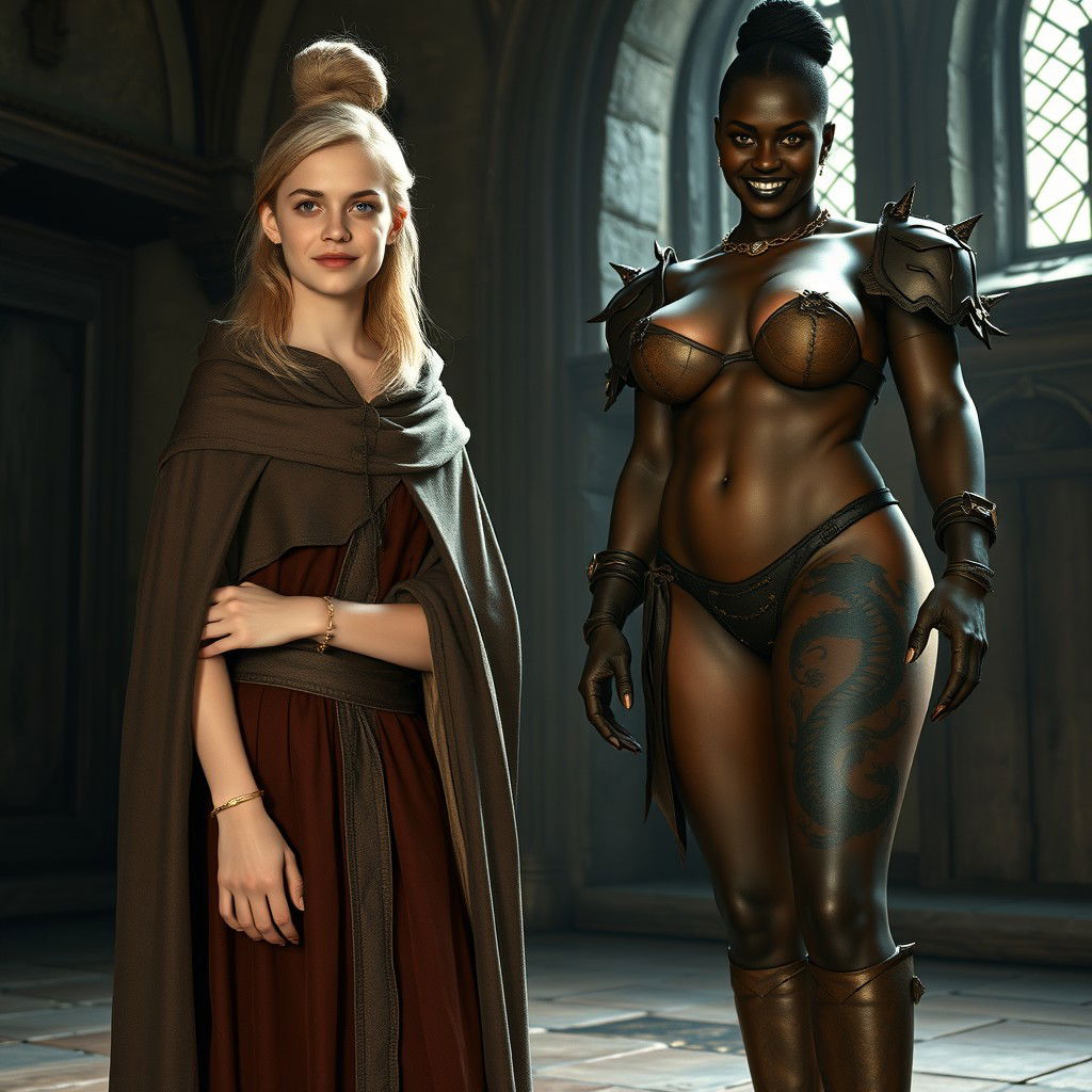 In a medieval room, a very happy, skinny 19-year-old blonde girl with medium-length hair is dressed in a noble mantle with a high collar that closes at the neck