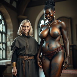 In a medieval room, a very happy, skinny 19-year-old blonde girl with medium-length hair is dressed in a noble mantle with a high collar that closes at the neck