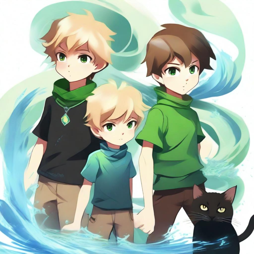 This digital art captures four distinct elemental boys