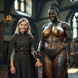 In a medieval room, a very happy, skinny 19-year-old blonde girl with medium-length hair is dressed in a noble mantle with a high collar that closes at the neck