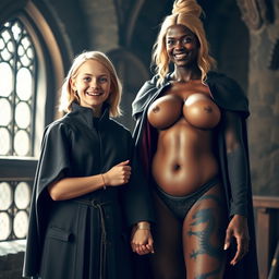 In a medieval room, a very happy, skinny 19-year-old blonde girl with medium-length hair, dressed in a noble mantle featuring a high collar that fully closes at the neck, is radiating joy