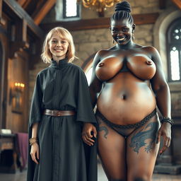 In a medieval room, a very happy, skinny 19-year-old blonde girl with medium-length hair, dressed in a noble mantle featuring a high collar that fully closes at the neck, is radiating joy