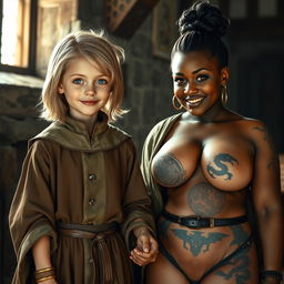 In a medieval room, a very happy and undernourished 19-year-old blonde girl, notably short with medium-length hair, adorned in a noble robe featuring a high collar that closes up to her neck