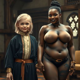 In a medieval room, a very happy and undernourished 19-year-old blonde girl, notably short with medium-length hair, adorned in a noble robe featuring a high collar that closes up to her neck