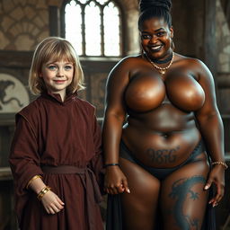 In a medieval room, a very happy and undernourished 19-year-old blonde girl, notably short with medium-length hair, adorned in a noble robe featuring a high collar that closes up to her neck