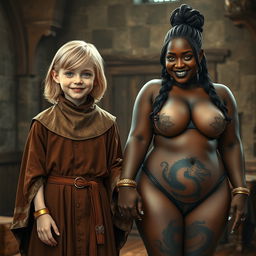 In a medieval room, a very happy and undernourished 19-year-old blonde girl, notably short with medium-length hair, adorned in a noble robe featuring a high collar that closes up to her neck