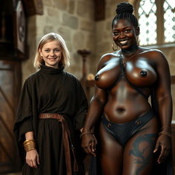 In a medieval room, a very happy and undernourished 19-year-old blonde girl, petite with medium-length hair, wearing a noble robe with a high collar that completely closes up to her neck