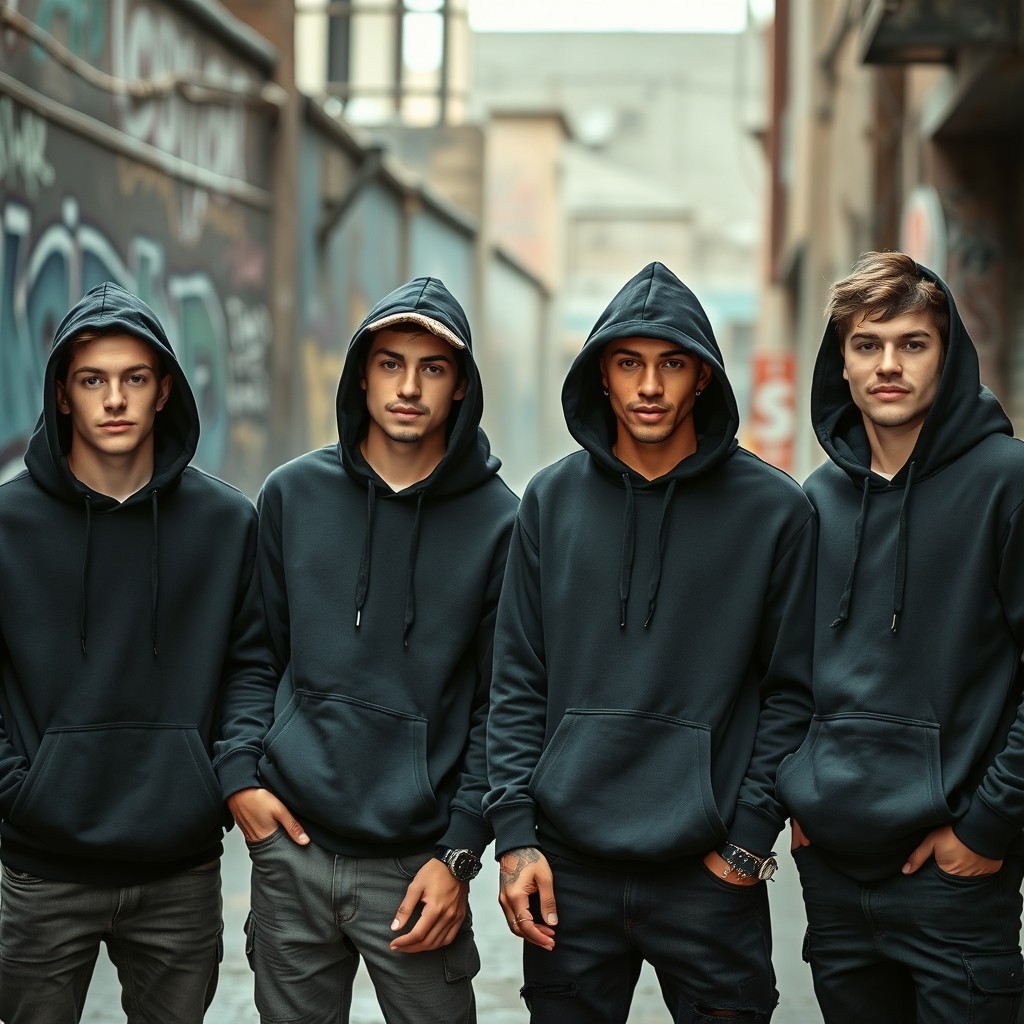 Four young men wearing black hoodies, standing in a dynamic urban environment
