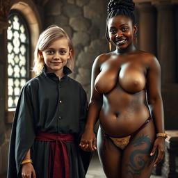 In a medieval room, a very happy and undernourished 19-year-old blonde girl, notably short with medium-length hair, wearing a noble robe with a high collar that completely closes at her neck