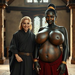Inside a medieval room, a very happy 19-year-old skinny blonde woman with medium-length hair and a thick gold bracelet is wearing a long noble Buddhist cloak that is completely closed