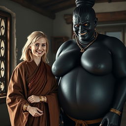 Inside a medieval room, a very happy 19-year-old skinny blonde woman with medium-length hair and a thick gold bracelet is wearing a long noble Buddhist cloak that is completely closed