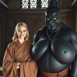 Inside a medieval room, a very happy 19-year-old skinny blonde woman with medium-length hair and a thick gold bracelet is wearing a long noble Buddhist cloak that is completely closed