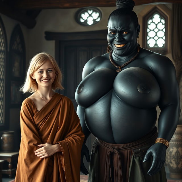 Inside a medieval room, a very happy 19-year-old skinny blonde woman with medium-length hair and a thick gold bracelet is wearing a long noble Buddhist cloak that is completely closed