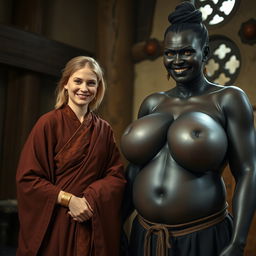 Inside a medieval room, a very happy 19-year-old skinny blonde woman with medium-length hair and a thick gold bracelet is wearing a long noble Buddhist cloak that is completely closed