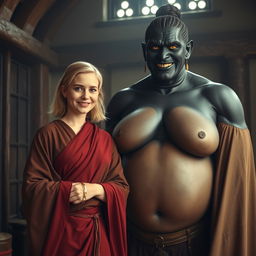 Inside a medieval room, a very happy 19-year-old skinny blonde woman with medium-length hair and a thick gold bracelet is wearing a long noble Buddhist cloak that is completely closed