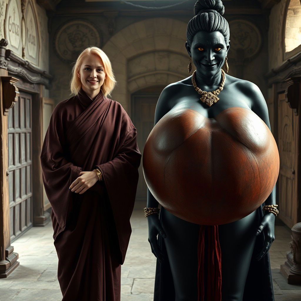 Inside a medieval room, a very happy 19-year-old skinny blonde woman with medium-length hair and a thick gold bracelet is wearing a long noble Buddhist cloak that is completely closed