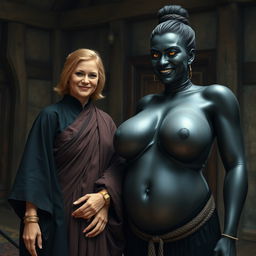 Inside a medieval room, a very happy 19-year-old skinny blonde woman with medium-length hair and a thick gold bracelet is wearing a long noble Buddhist cloak that is completely closed