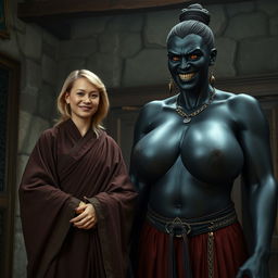 Inside a medieval room, a very happy 19-year-old skinny blonde woman with medium-length hair and a thick gold bracelet is wearing a long noble Buddhist cloak that is completely closed